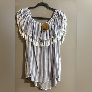 Kori Blue and White Ruffled Off the Shoulder Sleeveless Blouse